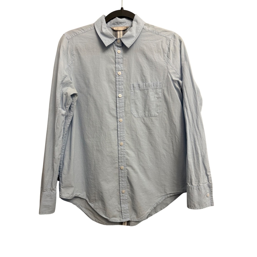 Athleta Womens Light Blue Button Down Shirt Stripe Back Long Sleeve Small Flaw